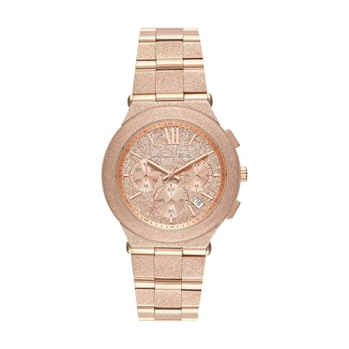Rose gold watch with a detailed face on a white background