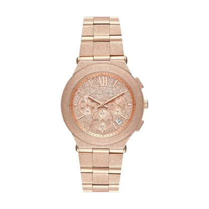 Rose gold watch with a detailed face on a white background