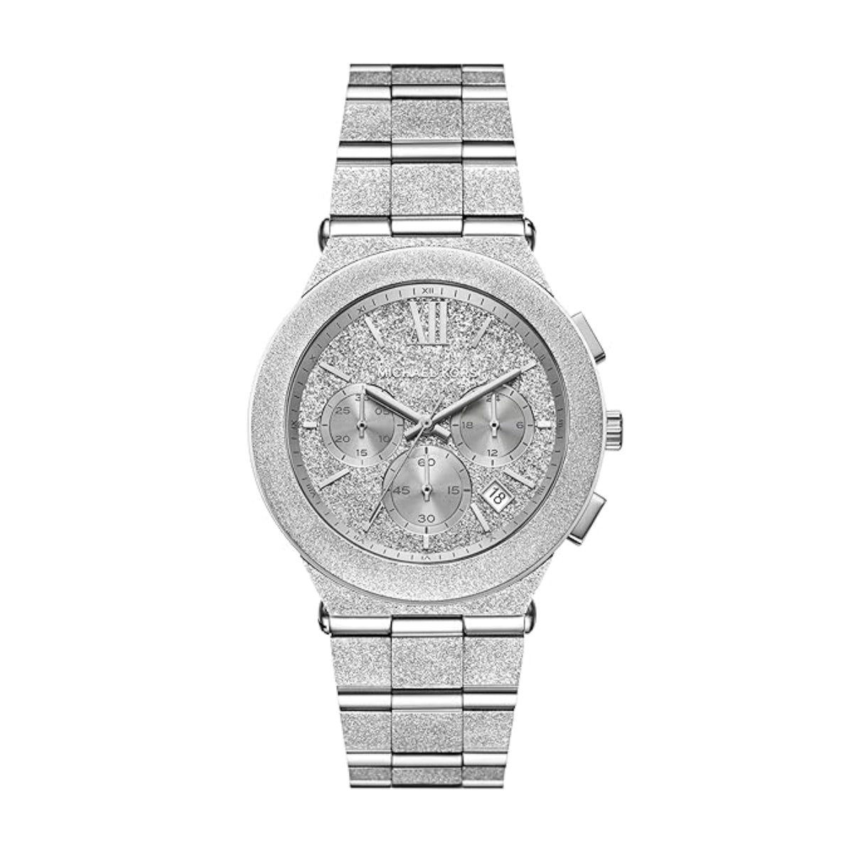 Silver watch with a detailed face on a white background