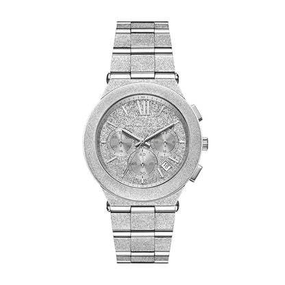 Silver watch with a detailed face on a white background