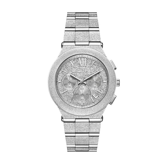 Silver watch with a detailed face on a white background