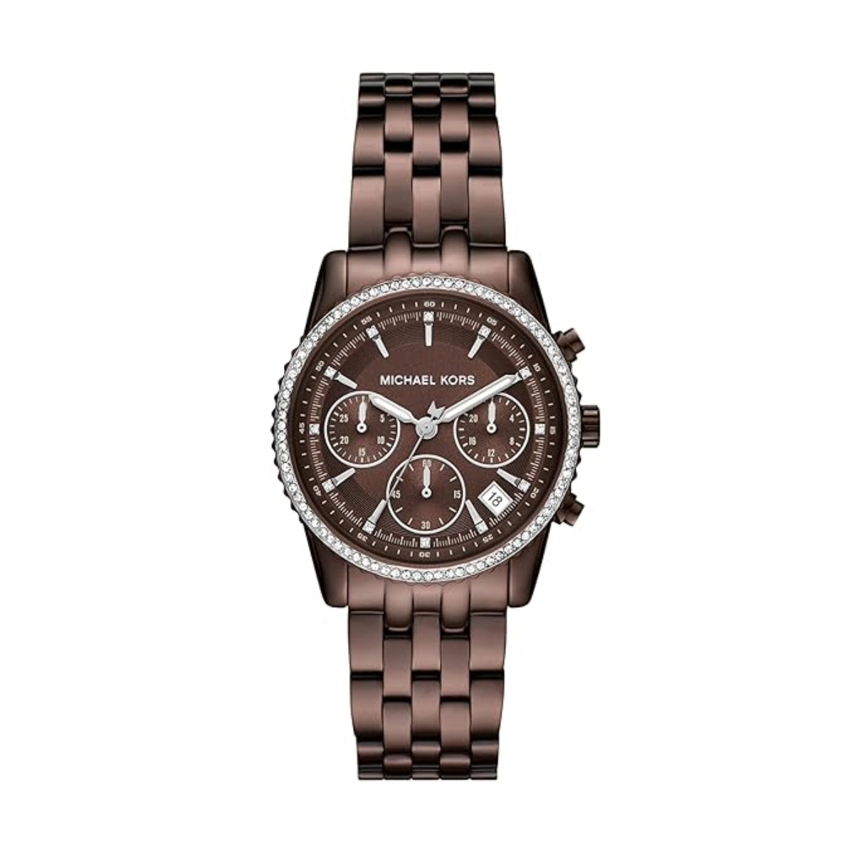 Brown Michael Kors watch with diamond-studded face on a white background