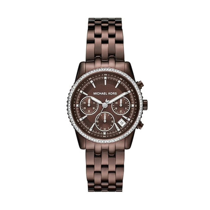 Brown Michael Kors watch with diamond-studded face on a white background