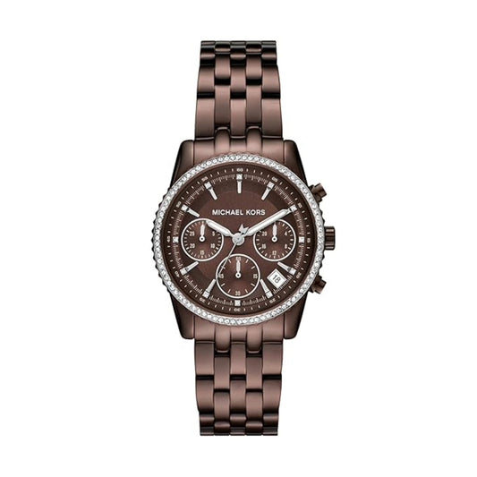 Brown Michael Kors watch with diamond-studded face on a white background
