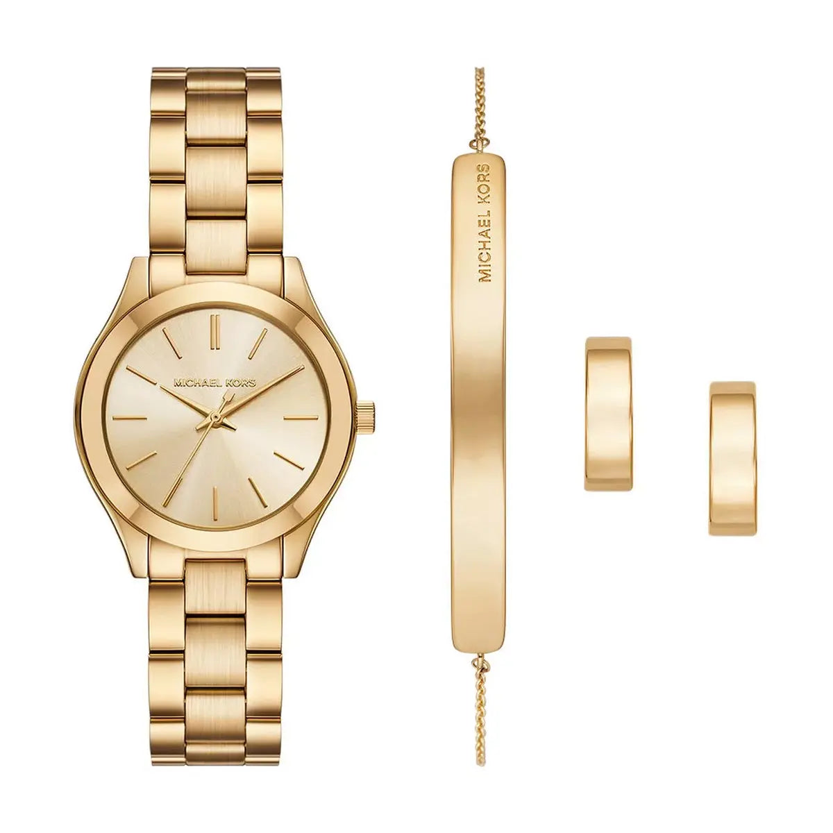 Gold watch and bracelet set with 'Michael Kors' branding on a white background