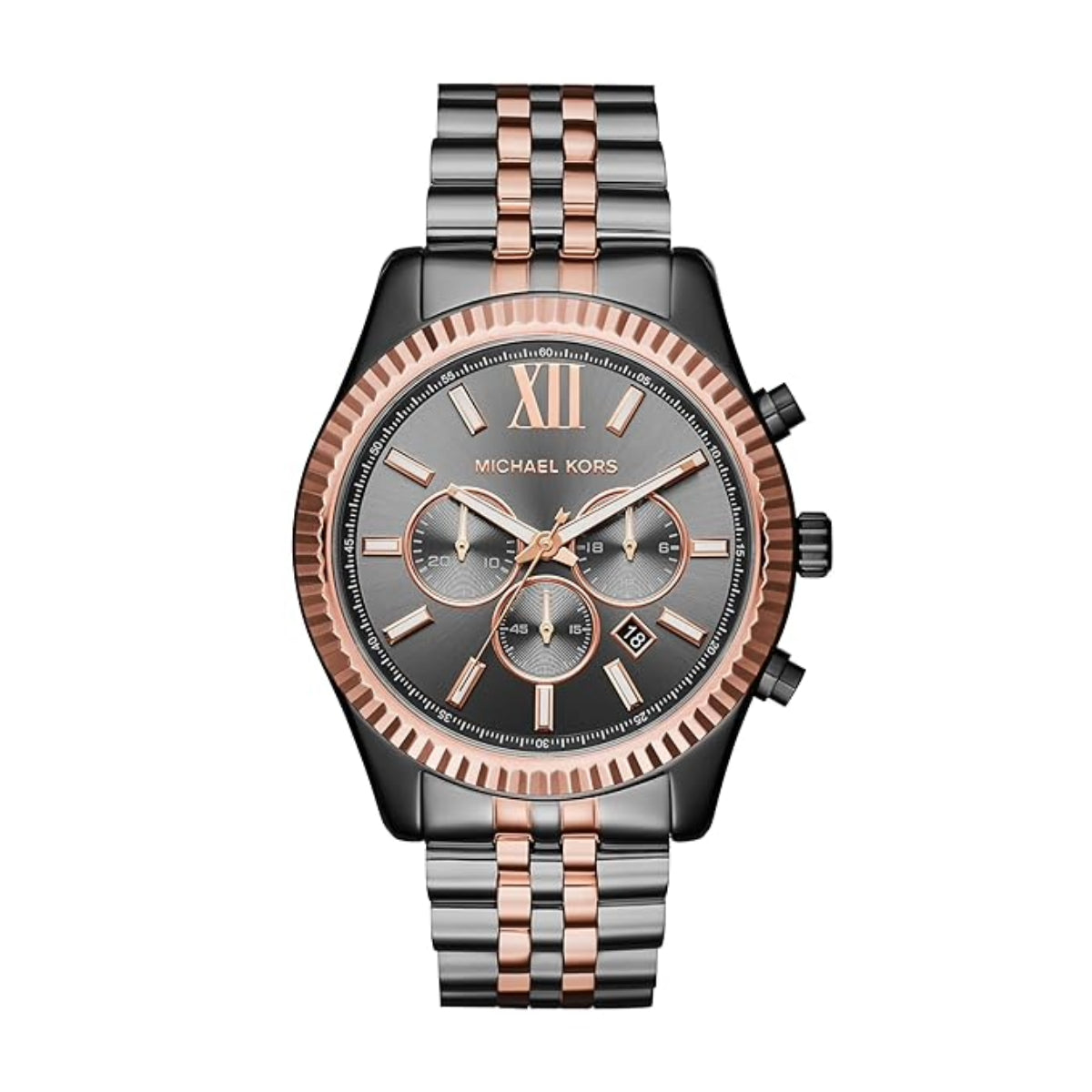 Michael Kors watch with rose gold and black band on white background