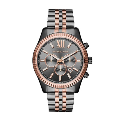 Michael Kors watch with rose gold and black band on white background