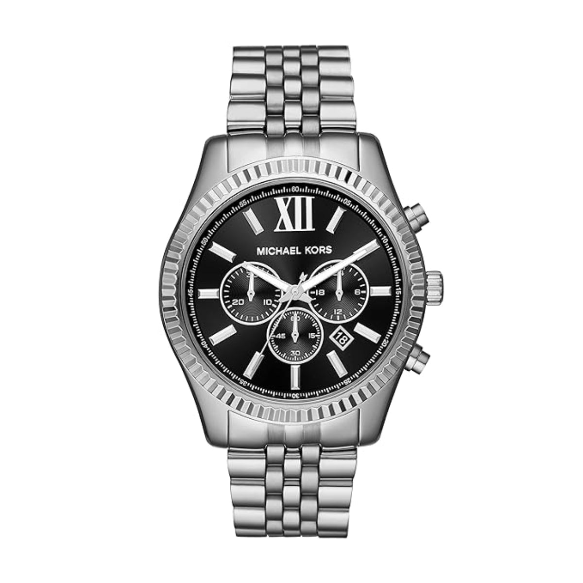 Silver Michael Kors watch with a black dial on a white background