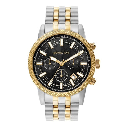 Two-tone watch with gold and silver straps on a white background