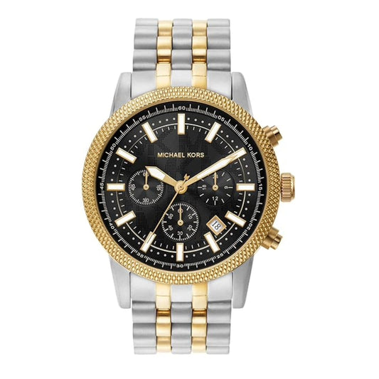 Two-tone watch with gold and silver straps on a white background