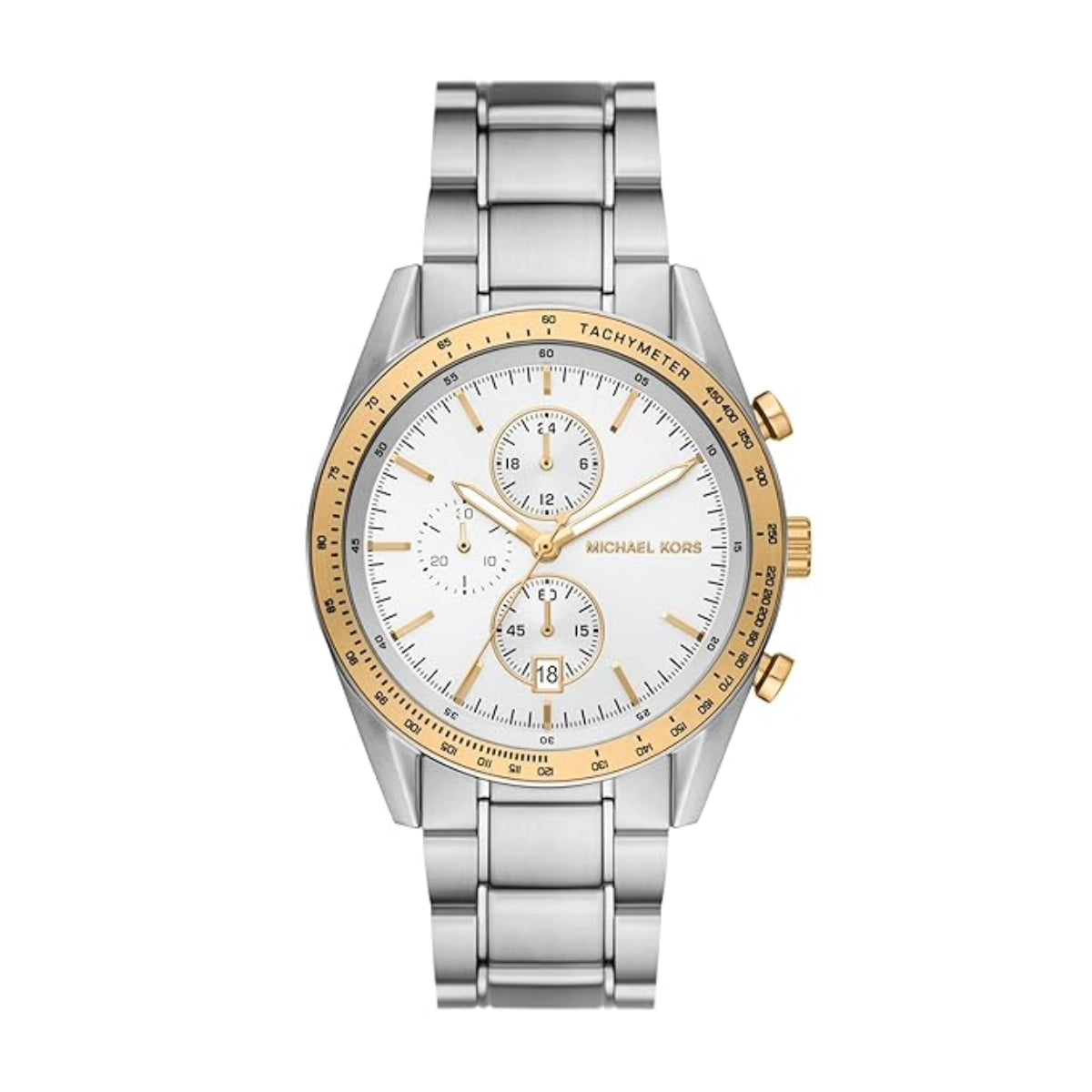 Silver and gold watch with a white face on a white background