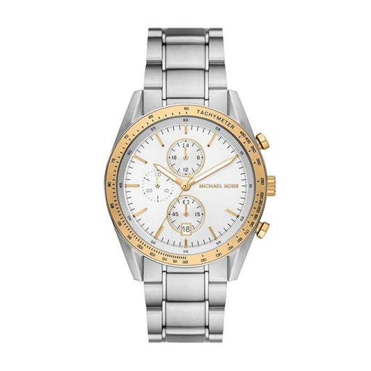 Silver and gold watch with a white face on a white background