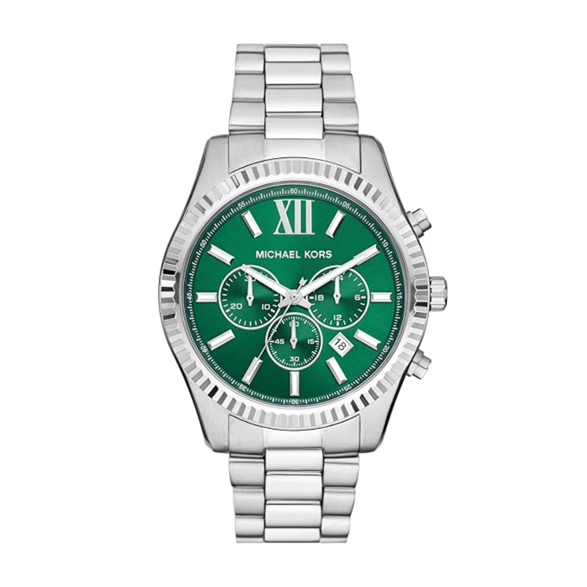 Michael Kors watch with green face and silver bracelet on white background