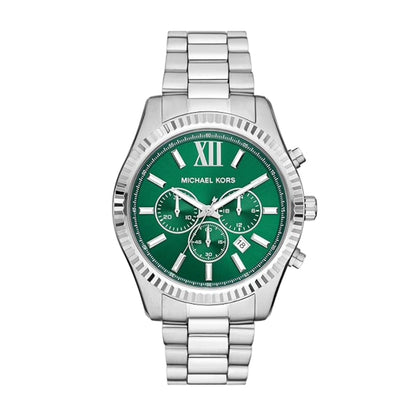 Michael Kors watch with green face and silver bracelet on white background