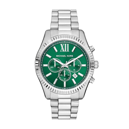 Michael Kors watch with green face and silver bracelet on white background