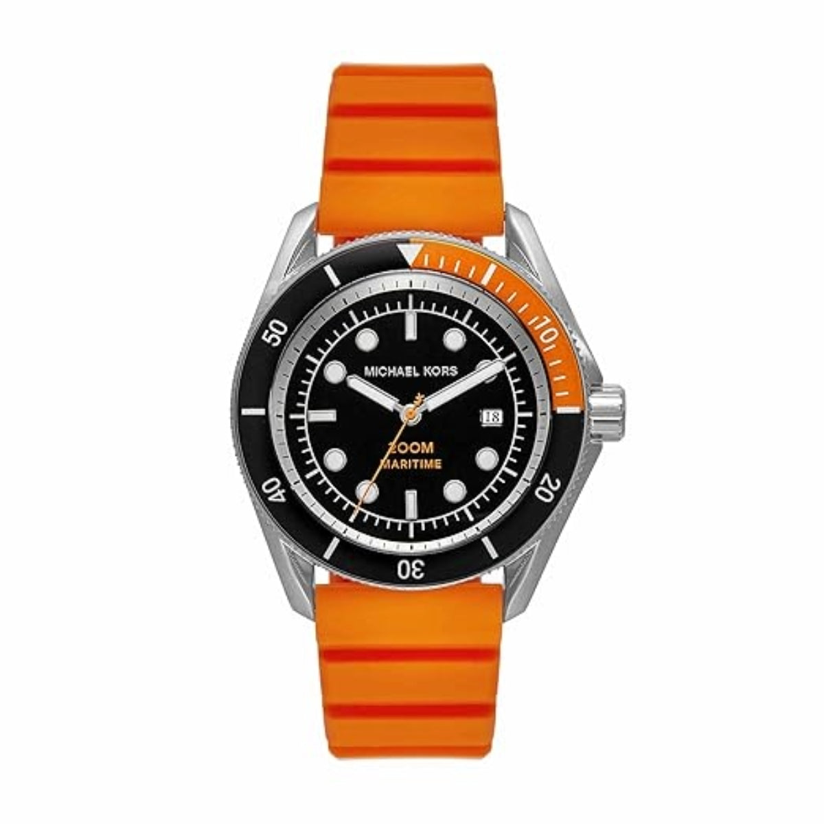 Watch with orange strap and black dial on a white background