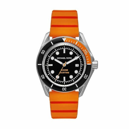 Watch with orange strap and black dial on a white background