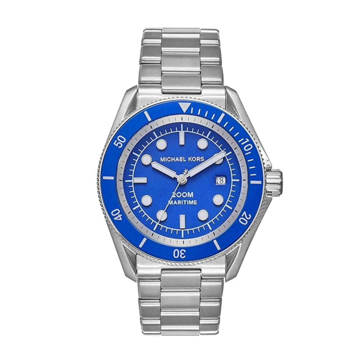 Silver watch with a blue face on a white background