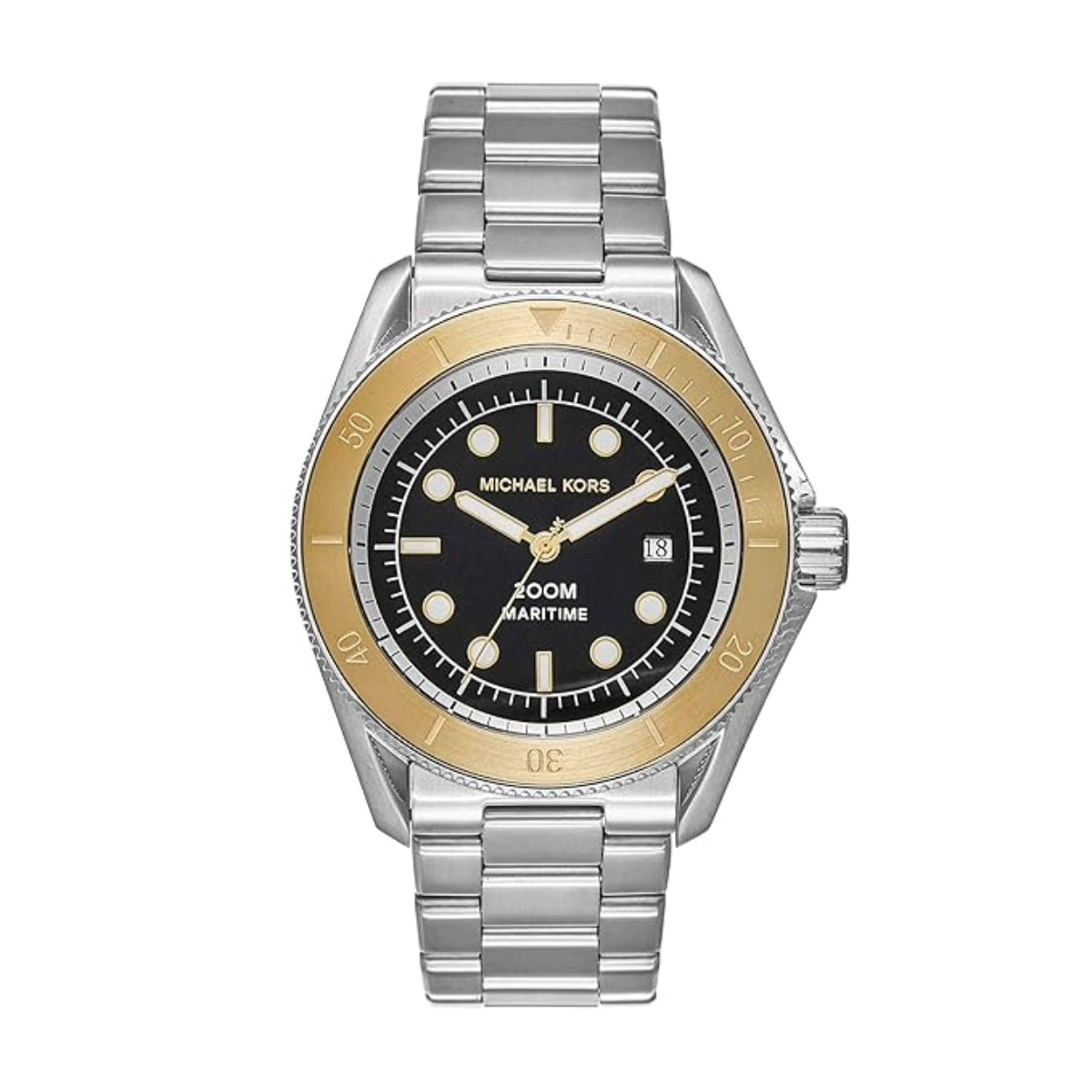 Michael Kors watch with silver and gold band on a white background