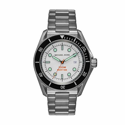 Silver watch with a white face on a white background