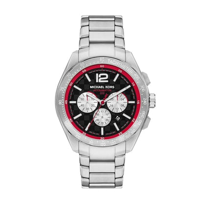 Michael Kors watch with silver band and red and black face on a white background