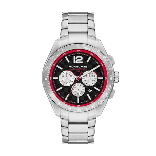 Michael Kors watch with silver band and red and black face on a white background