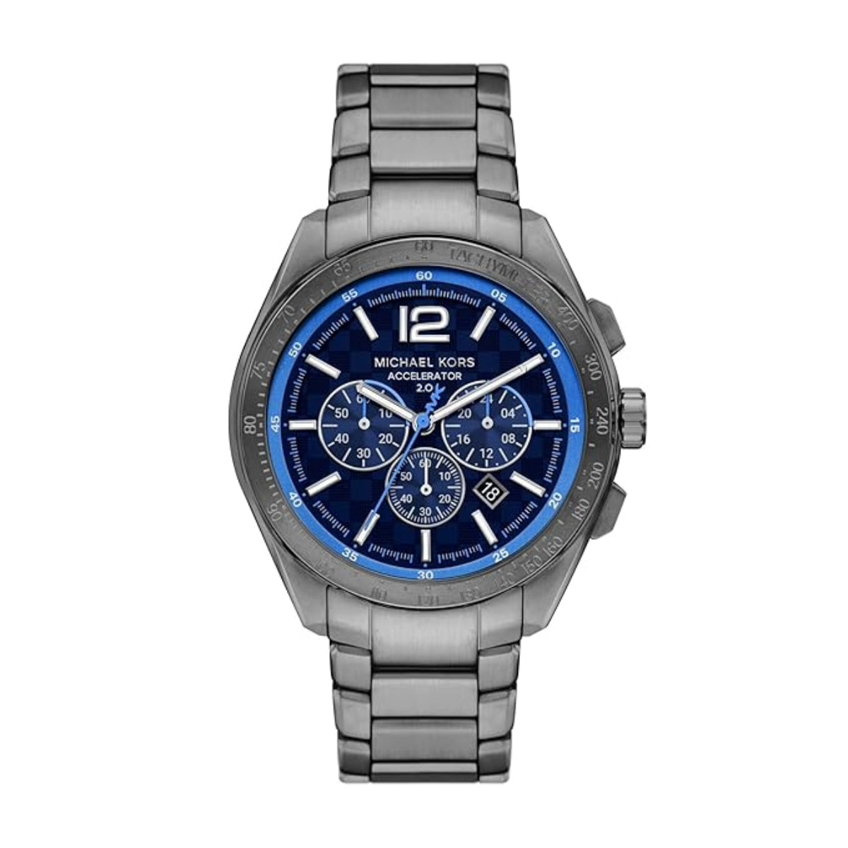 Michael Kors watch with blue face and silver band on a white background
