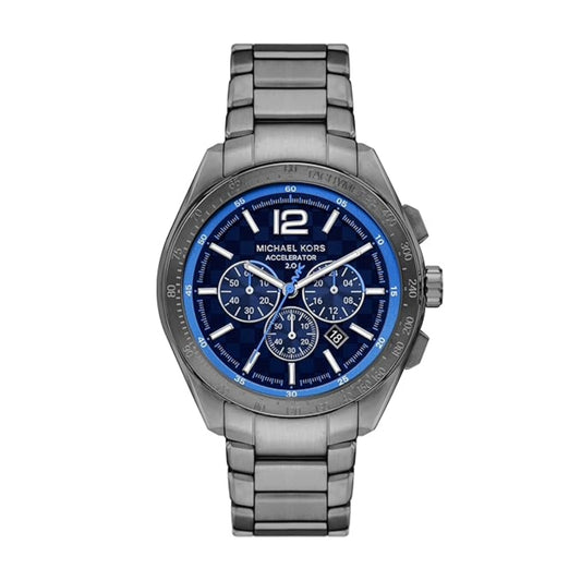 Michael Kors watch with blue face and silver band on a white background