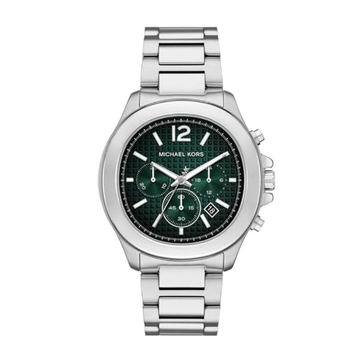 Silver Michael Kors watch with a green face on a white background