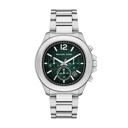 Silver Michael Kors watch with a green face on a white background