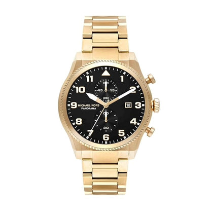 Gold watch with black dial on a white background