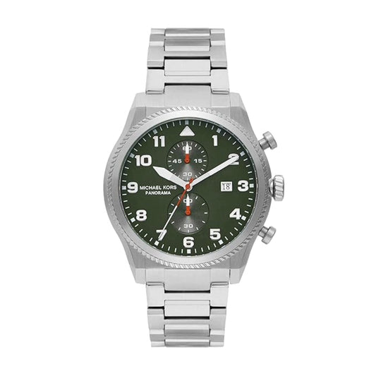 Silver watch with a green dial on a white background