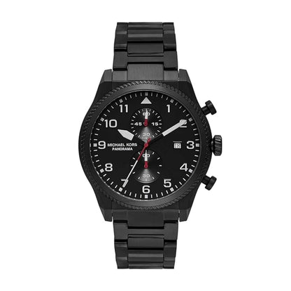 Black watch with detailed face on a white background