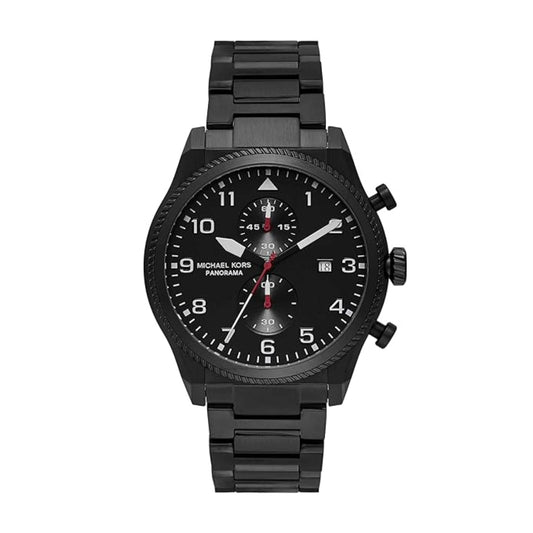 Black watch with detailed face on a white background