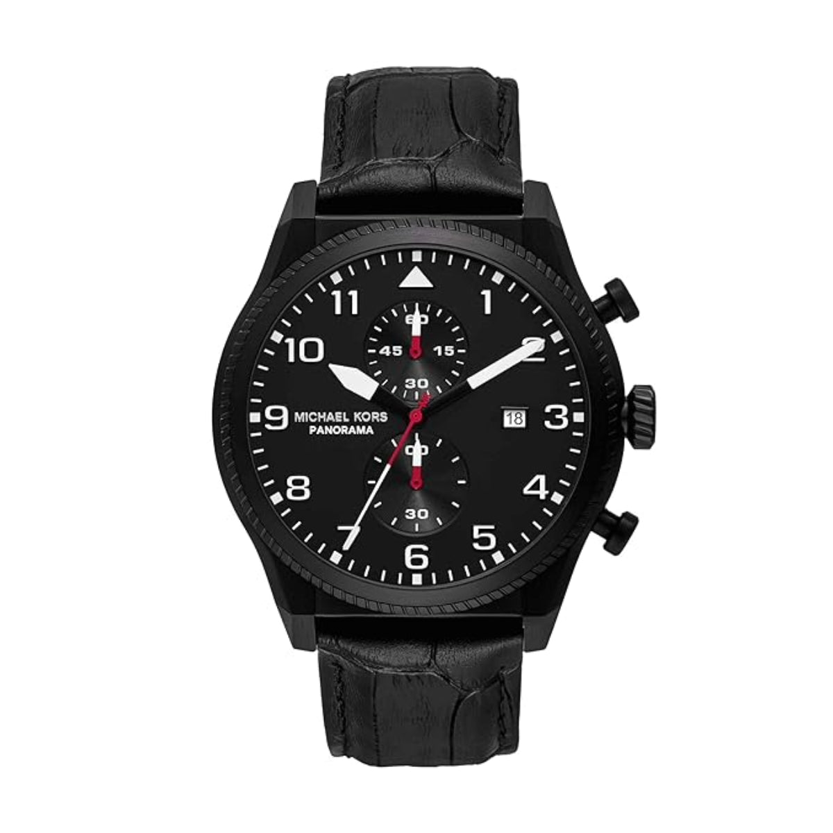 Black Michael Kors watch with leather strap on a white background