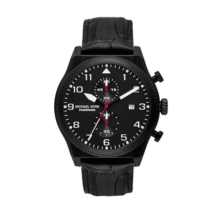 Black Michael Kors watch with leather strap on a white background