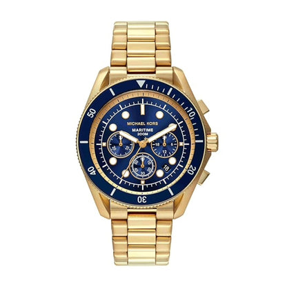 Gold watch with blue face on a white background