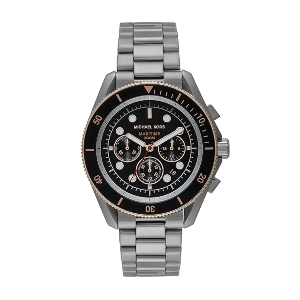 Michael Kors watch with black dial and silver metal strap on a white background