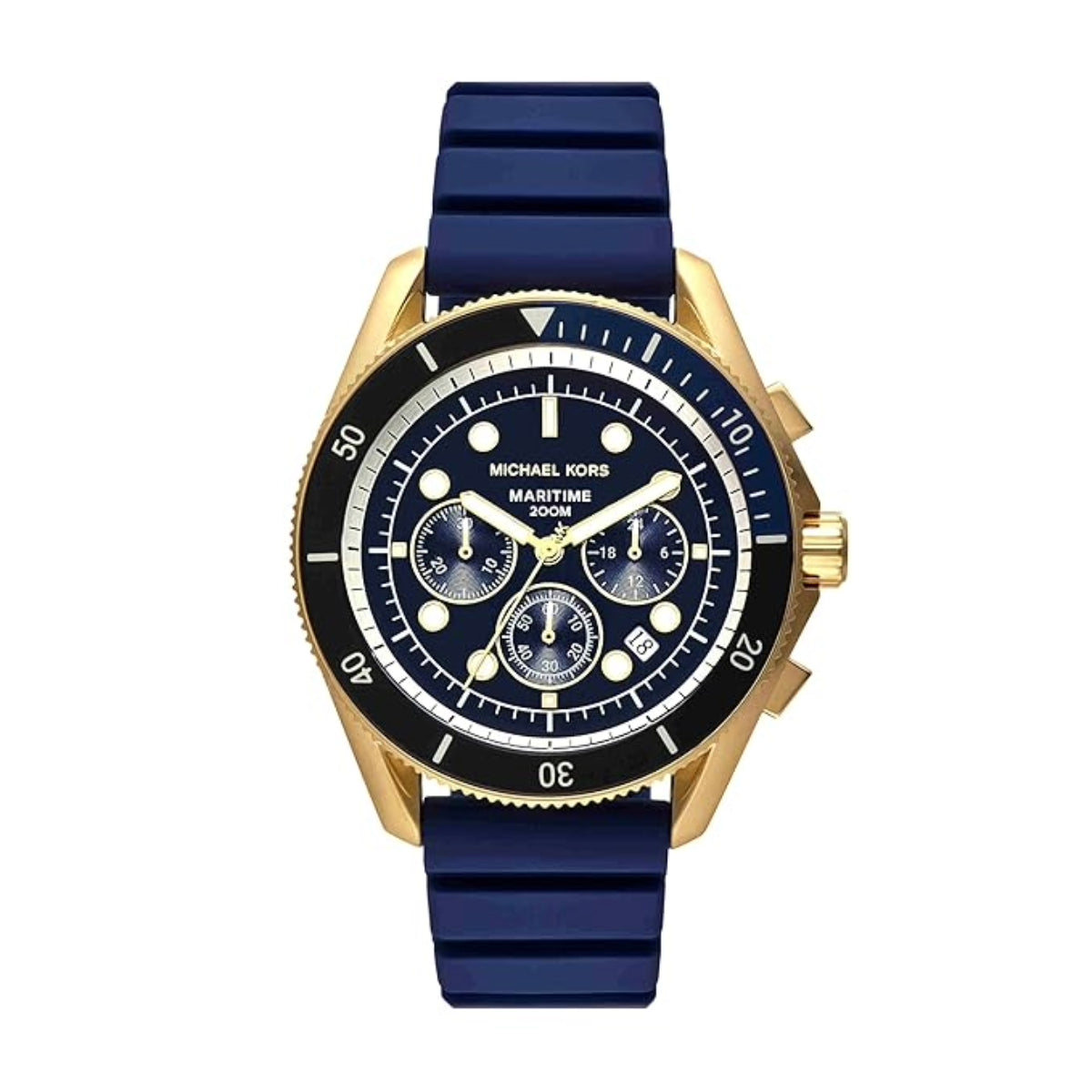 Michael Kors watch with blue strap and gold case on a white background