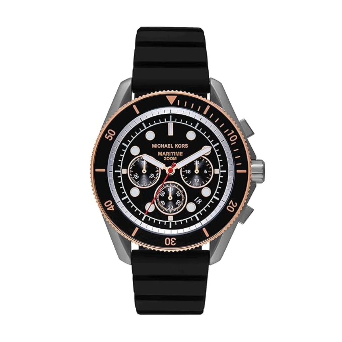 Black Michael Kors watch with a white face on a white background