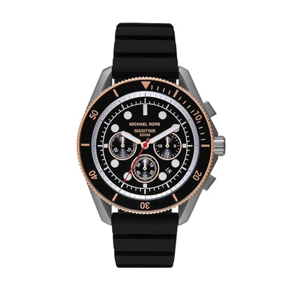 Black Michael Kors watch with a white face on a white background