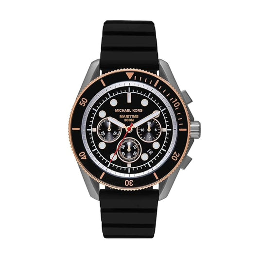 Black Michael Kors watch with a white face on a white background