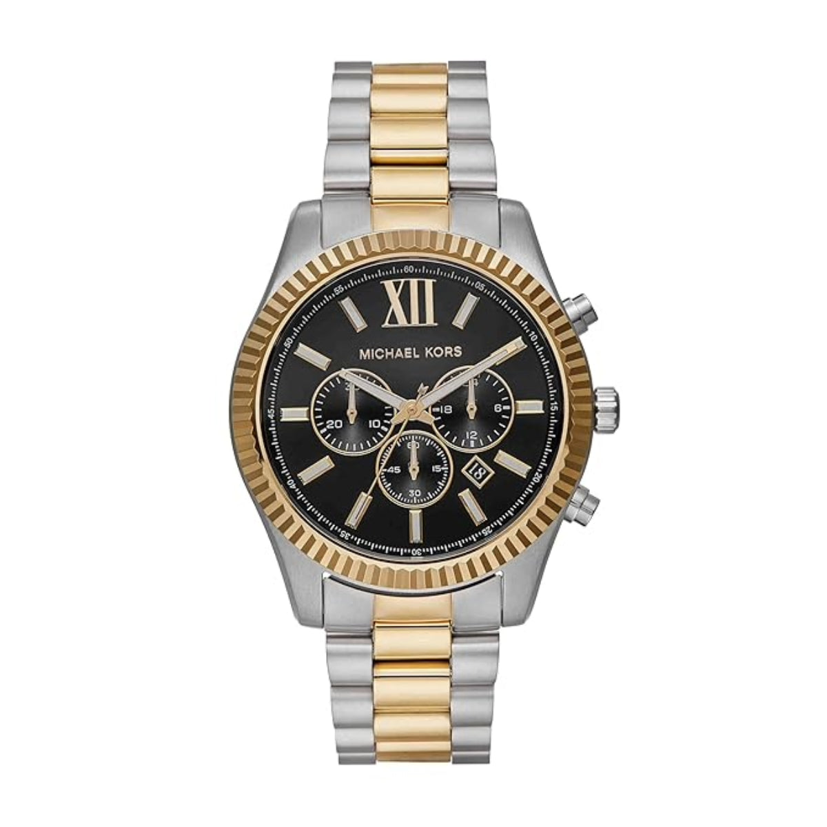 Two-tone watch with black face and gold accents on a white background