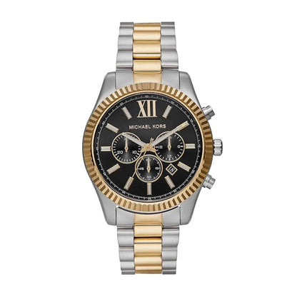 Two-tone watch with black face and gold accents on a white background