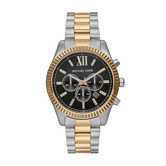 Two-tone watch with black face and gold accents on a white background