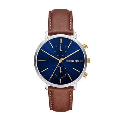 Michael Kors watch with a blue face and brown leather strap on a white background