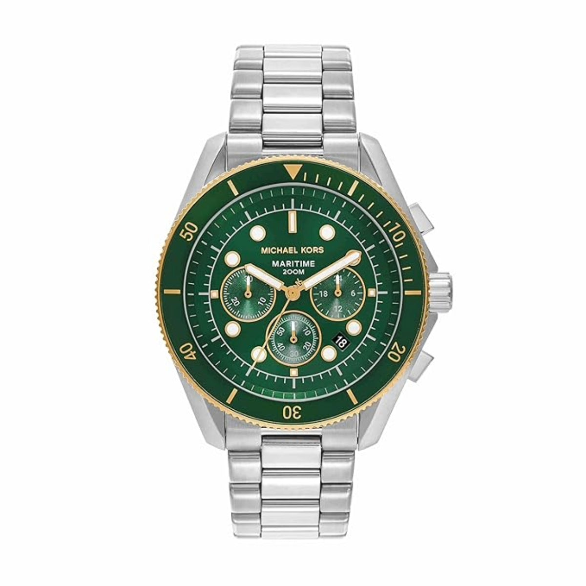 Michael Kors watch with green face and silver bracelet on a white background
