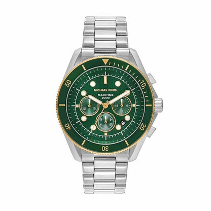 Michael Kors watch with green face and silver bracelet on a white background