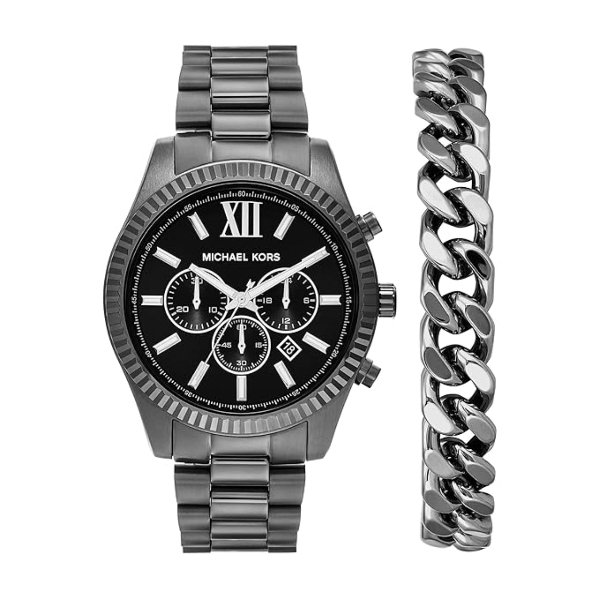 Michael Kors watch with black face and silver band, next to a silver chain bracelet on a white background.