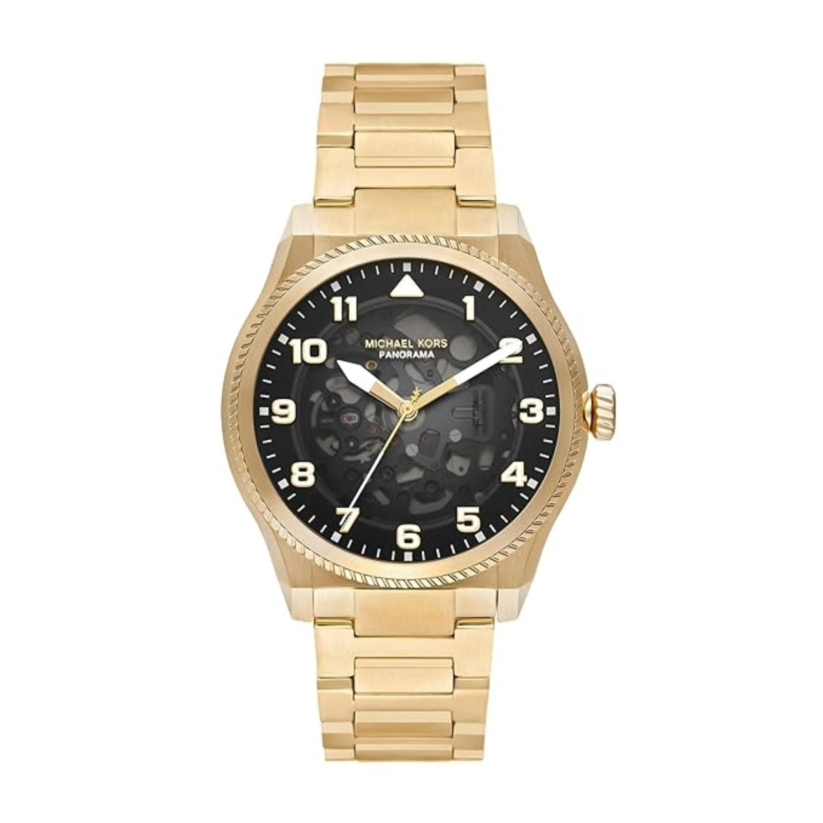 Gold watch with black dial on a white background